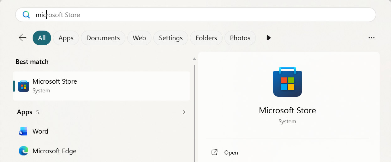 R&eacute;sultats de recherche du Menu D&eacute;marrer Windows montrant Microsoft Store comme meilleur r&eacute;sultat