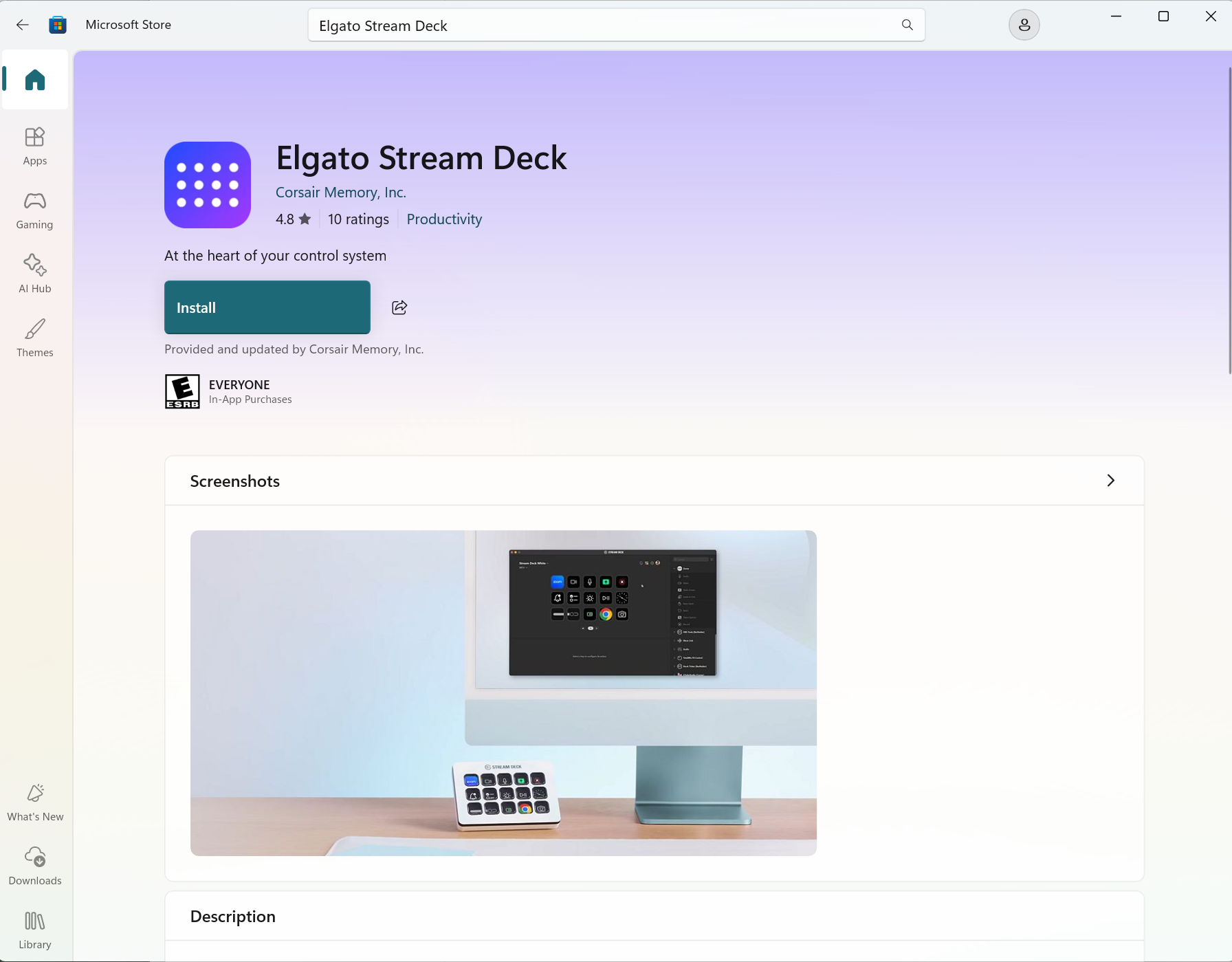 Page Elgato Stream Deck dans Microsoft Store montrant le bouton Installer, la note et la description
