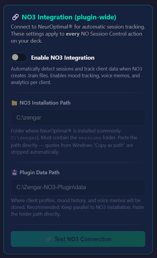 The NO3 Integration (plugin-wide) panel in the Property Inspector: an Enable NO3 Integration toggle in the off position, an NO3 Installation Path field reading C:\zengar, a Plugin Data Path field, and a grayed-out Test NO3 Connection button.
